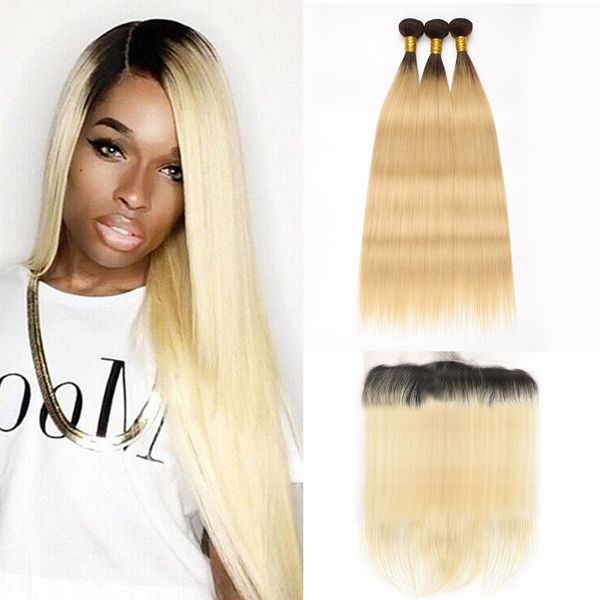 

блондинка связки с фронтальным dark black root ombre 613 blonde человеческих волос пучки с фронтальным закрытие прямых волос 3 связки с фрон, Black;brown