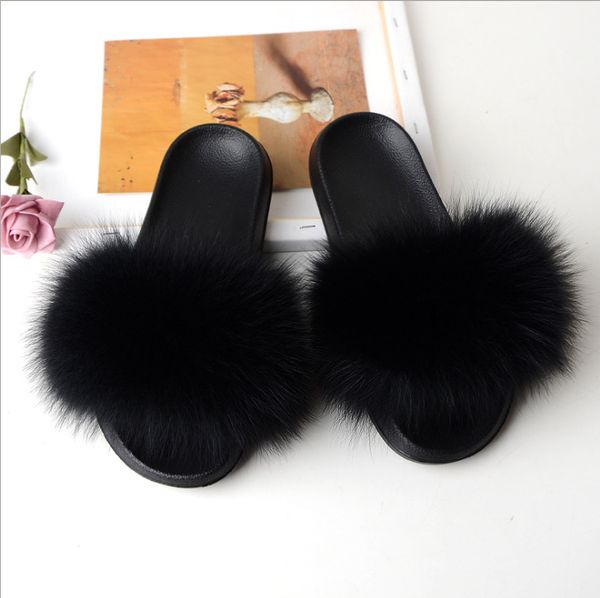

luxury style women kids and adults large fur flat slides fox fur slipper, Black