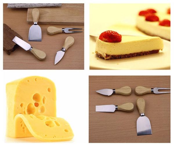 

useful cheese set 4pcs/set oak handle knife fork shovel kit graters for cutting baking cheese board sets butter pizza slicer cutter