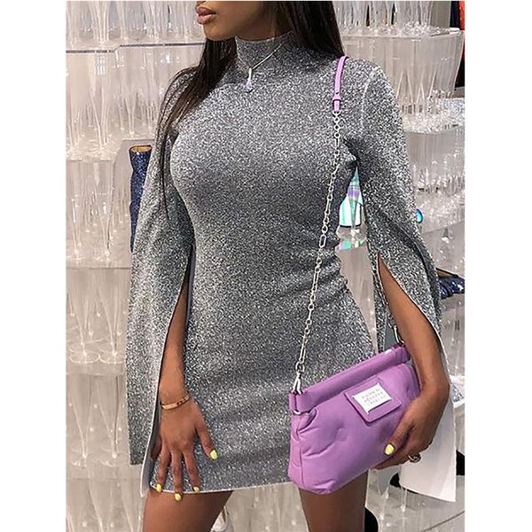 

2019 new turtleneck clubwear elegant women split flare solid night party dress shine sheath mini dress femme robe vestidos, Black;gray