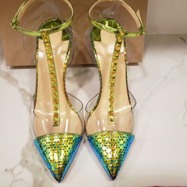 

gold rivets t strap high heel pumps iridescent snake leather printed patchwork shoes pointed toe stiletto heels dress shoe, Black