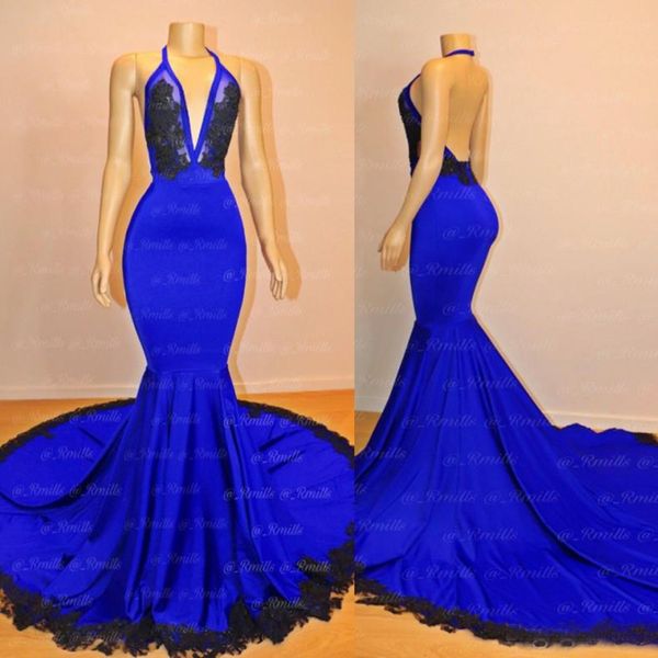 

Simple Royal Blue Mermaid Prom Dresses 2019 New Designed Halter Neck Backless Black Appliqued Long Evening Gowns Custom Made