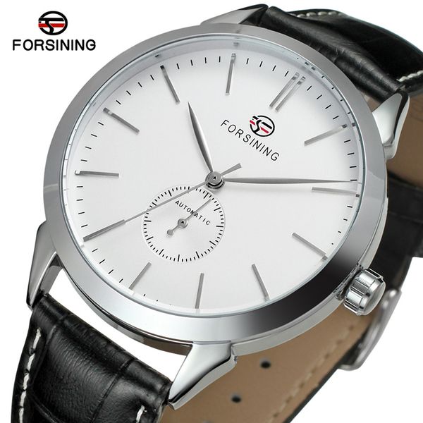 

men's watch forsining automatic mechanical wrist watch analog skeleton black leather silver white men sports, Slivery;brown