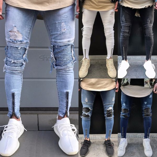

male hiphop streetwear pants mens knee ripped biker jeans cotton slim fit motorcycle elastic skinny trouser anti-p, Blue