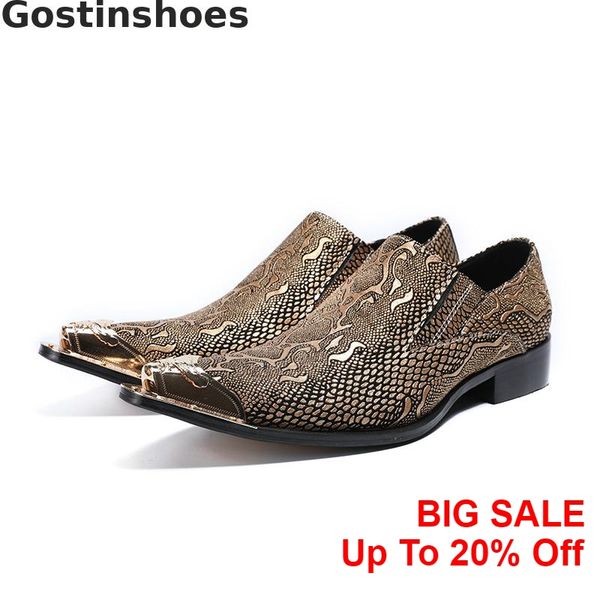 

luxury golden snakeskin printed genuine leather shoes men golden metal capped toe pointed slip-on men casual shoes oxfords, Black