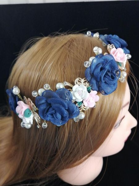 

navy blue headbands 3d floral wreath headdress bridal ring comb bearer hair accessories,korean handicraft beads wedding tiaras