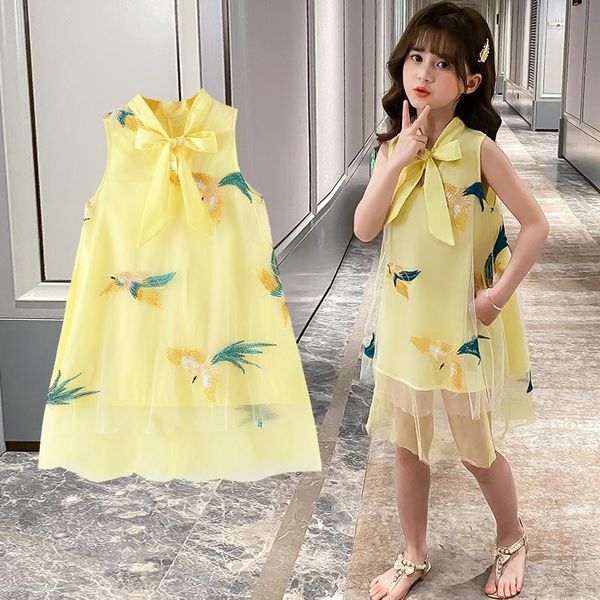 

girl's dresses children's clothing summer dress girls mesh sleeveless kids clothes printed bow chiffon 3-12, Red;yellow