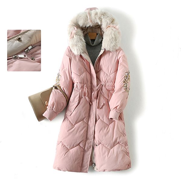

winter parkas 2019 new elegant embroidery floral hooded thick long women's fur collar jacket winter cotton padded jackets coat, Black