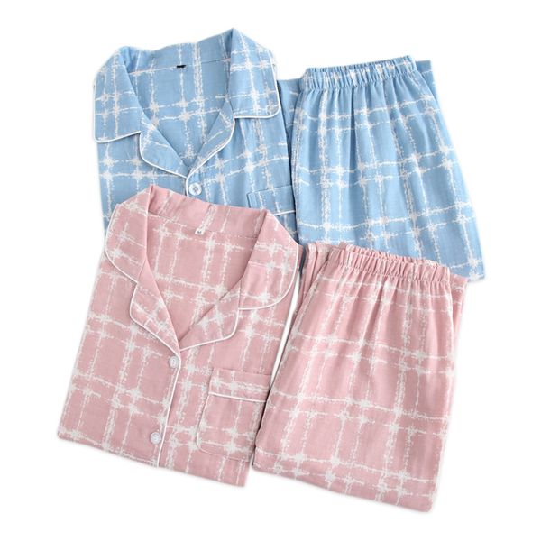 

2019 couples pajamas sets women 100% gauze cotton summer fashion striated simple pijamas women indoor homewear pijamas mujer, Blue;gray