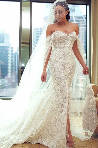 

luxury handmade pearls off the shoulder chapel wedding dress with wrap lace beads garden side split fitted country bridal gown custom made, White