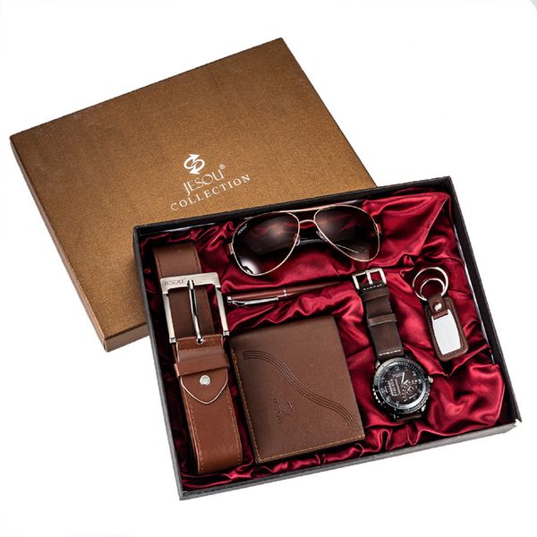 

fashion watch men luxury gifts set sunglasses belt wrist watch folding wallet keychain ballpoint pen for father men, Slivery;brown