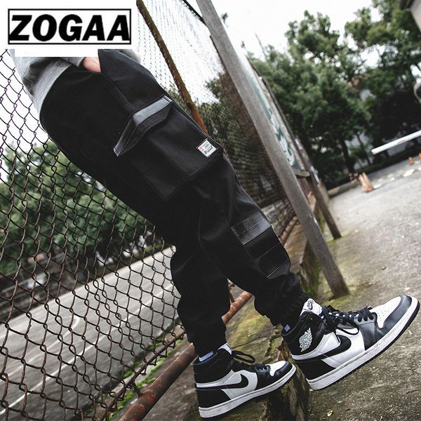 

zogga spring solid full cargo pants with pocket/elastic drawstring 100%cotton mid-waist men pants without fade/shrink/pilling, Black