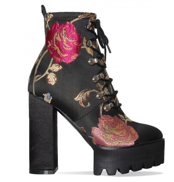 

black floral cleated platform block heel shoes women high heels boots
