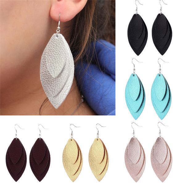 

1 pair 2019 multicolor women vintage bohemia style cutting leaf feather earrings pu leather sequins water drop dangle earrings, Silver