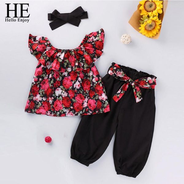 

he hello enjoy girls clothing sets summer little flying sleeve t-shirt flowers + pants + hairband 3pcs outfits kids suits, White