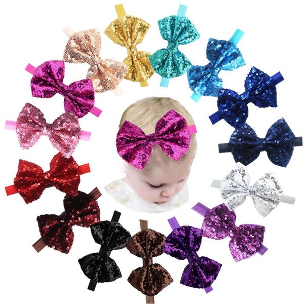 

15pcs boutique bling sparkly sequin soft elastic hair band accessories headwrap bowknot headbands for baby girls teenger, Silver