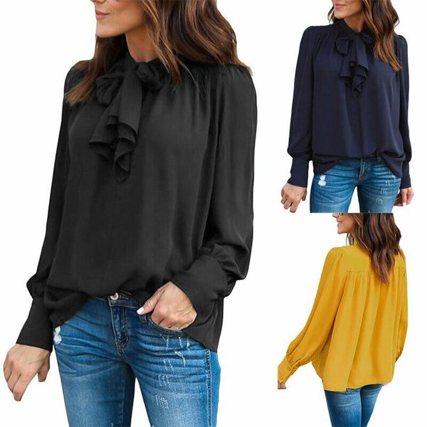 

Fashion Women Long Sleeve Solid Color Office Ladies Casual Basic Chiffon T-Shirt Tops BowKnot Loose Tops