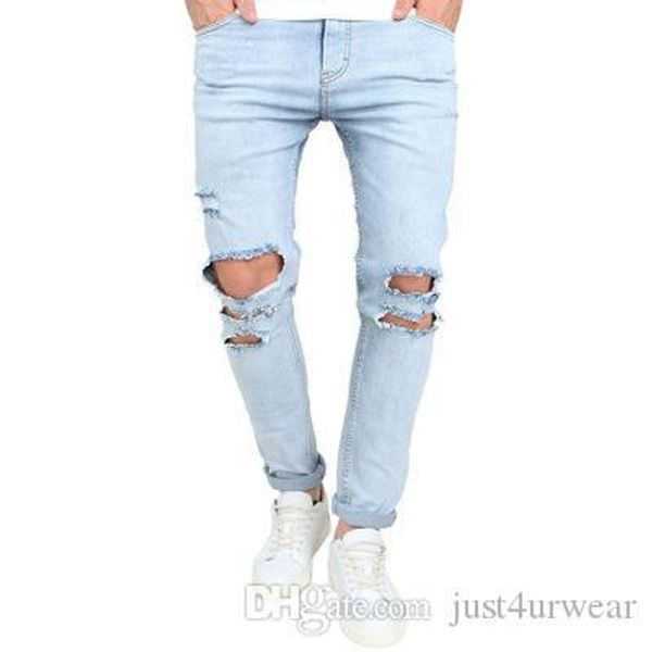 

мужчины уличная мода отверстие джинсы high street hot sell мужской синий тонкий брюки брызги чернил стиль прямые джинсы, Blue
