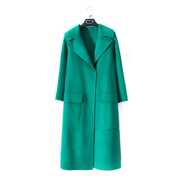 

women's handmade green double-faced cashmere coat loose long hand-stitched woolen coat, Black