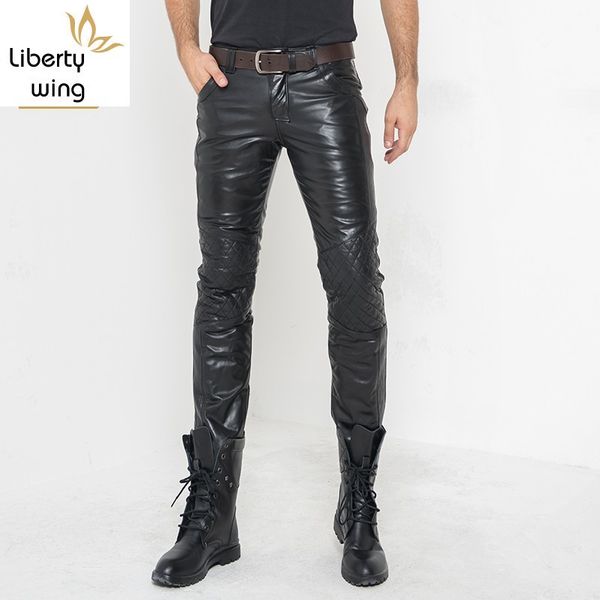 

men's pants winter mens fleece lining trousers straight mid waist heavyweight zipper real leather full length pencil casual biker man, Black