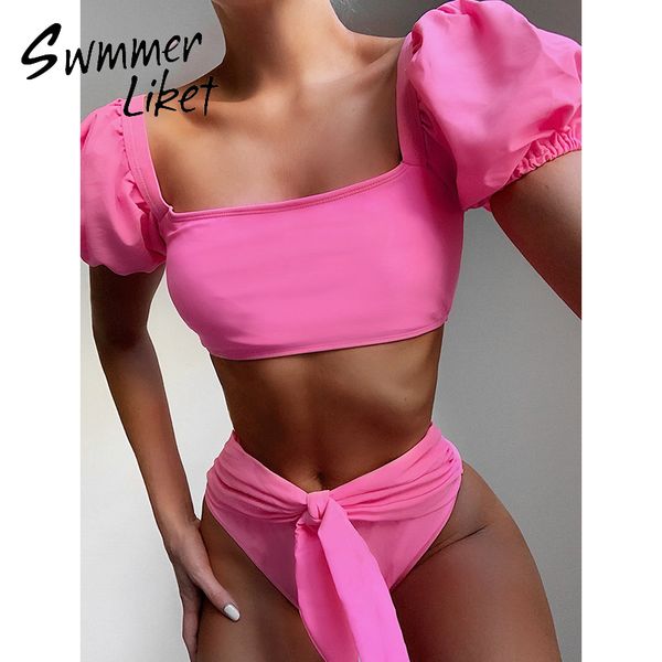 

bandeau bikinis 2020 mujer solid pink swimsuit female short sleeve swimwear women knot bathing suit summer bathers biquini new