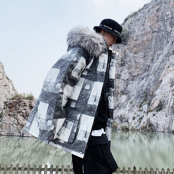 

cotton winter jacket men thick warm hip hop winderbreak man loose outwear streetwear hooded winter parka jackets male plaid coat, Black