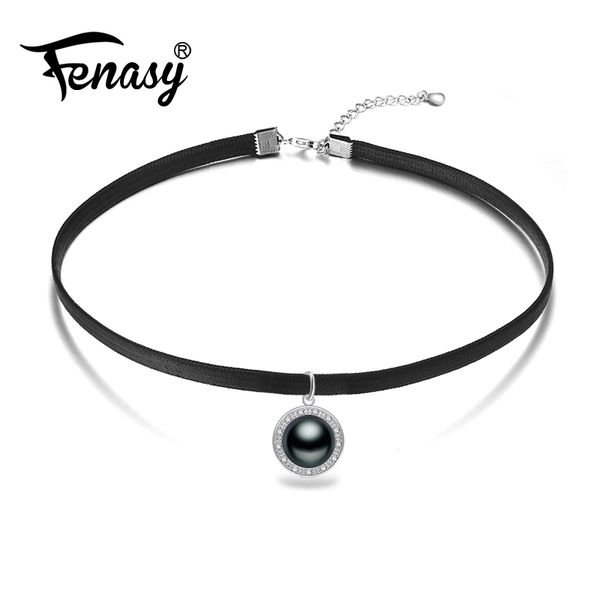 

fenasy pearl choker necklace fashion girl women 925 sterling silver trendy freshwater pearl pendant punk style black rope chain