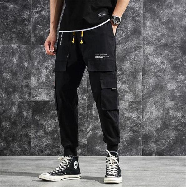 

hip hop mens cargo pants сыпучие мужские популярная кулиска шаровары весна осень повседневная брюки мужской, Black