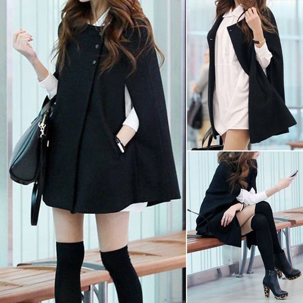 

cloak women coat loose poncho warm parka outwear batwing new casual stylish fashion polyester, Black
