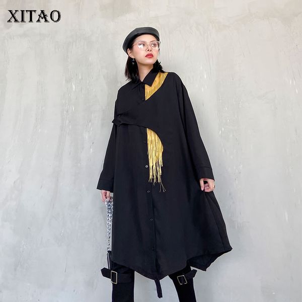 

xitao irregular tassel blouse fashion turn down collar full sleeve goddess fan 2020 spring patchwork loose pleated shirt xj3933, White