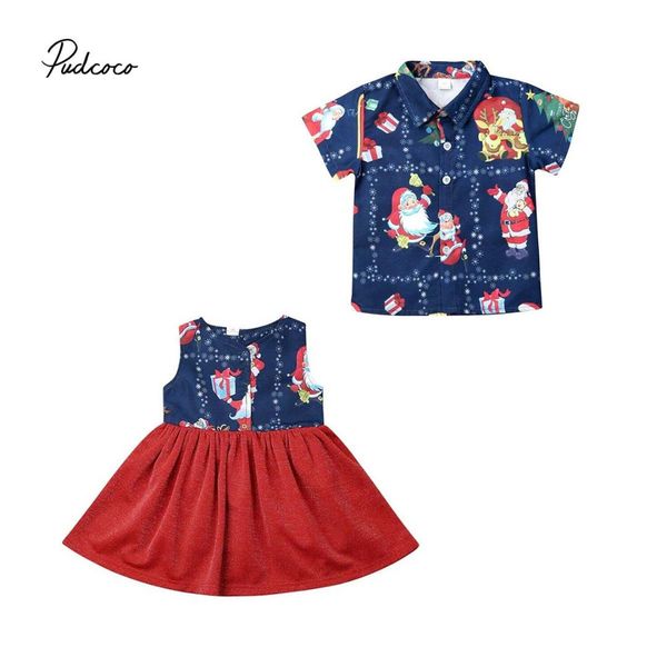 

summer new xmas santa printed oufits party clothes set sister brother family matching boy lapel shirt girl floral dress summer, Blue