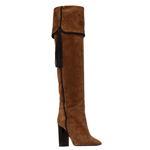 

winter brown suede leather pointy toe block heeled tassel fold slouch long boots women chunky heel slip on knee high booty, Black
