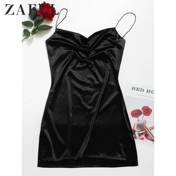 

zaful women side slit satin mini cami dress spaghetti strap spaghetti strap solid color a-line pary dress sexy, Black;gray