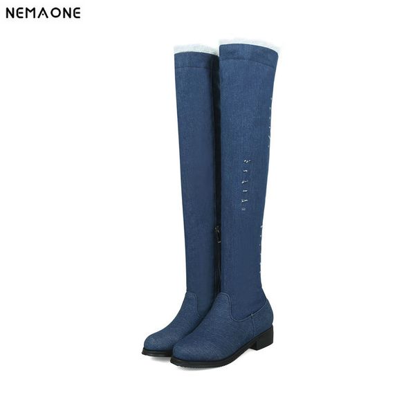 

nemaone women denim over the knee boots 3cm low heels ladies casual shoes autumn winter girl's western boots woman plus size 43, Black