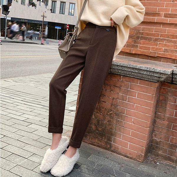 

casual solid autumn winter pants high waist thicken women suit pants woolen warm female trousers capris 2019, Black;white