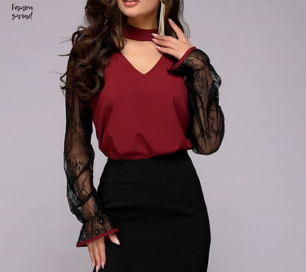 

блузы sexy v шеи шить шнурка женщин рубашки 2019 весна моды choker с длинным рукавом lady флаттер рукава шифон повседневный tops, White