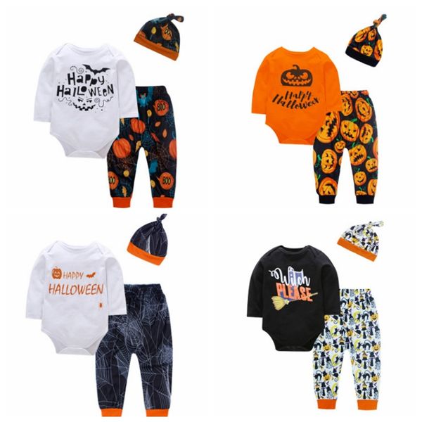 Halloween roupa do bebê letra impressa Infant Boy macacãozinho Calças Chapéu 3pcs Sets Long Sleeve abóbora menina da criança Roupa 4 Designs DW4498