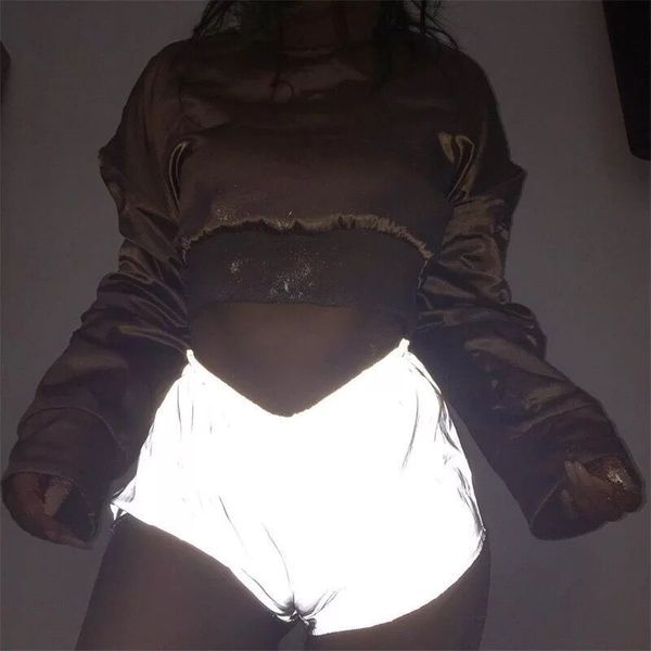

night light отражающая шорты женщины hip hop блестящая короткие брюки повседневные шорты сплошной цвет низкой талии эластичный пояс sexy, White;black