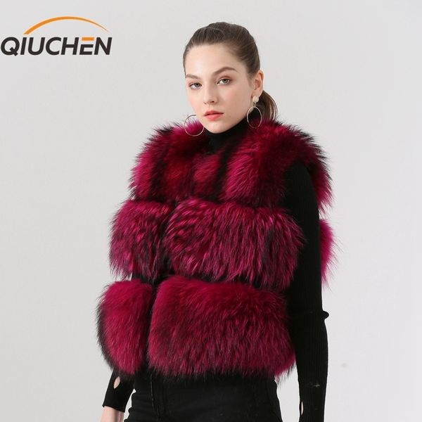 

qiuchen pj8051 2019 женщин натурального меха жилет из натуральной шерсти енота gilet жилет женщин зимы моды короткий жилет высокого качества, Black