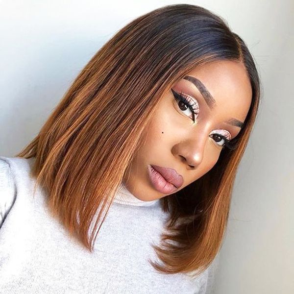 

kun human hair wig lace front wigs brazilian human hair ombre bob yaki straight with preplucked natural hairline, Black;brown