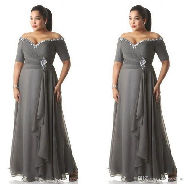 Elegante cinza mãe dos vestidos de noiva plus size frisado fora do ombro barato chiffon vestidos de festa longa mãe noivo vestidos desgaste