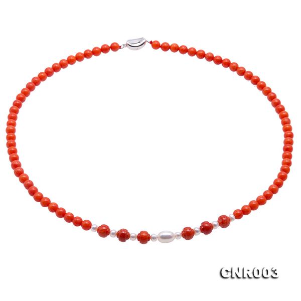 

jyx charming 5-5.5mm red round coral necklace with white pearl pendant elegant women mother's jewelry 19" handmade gift, Silver