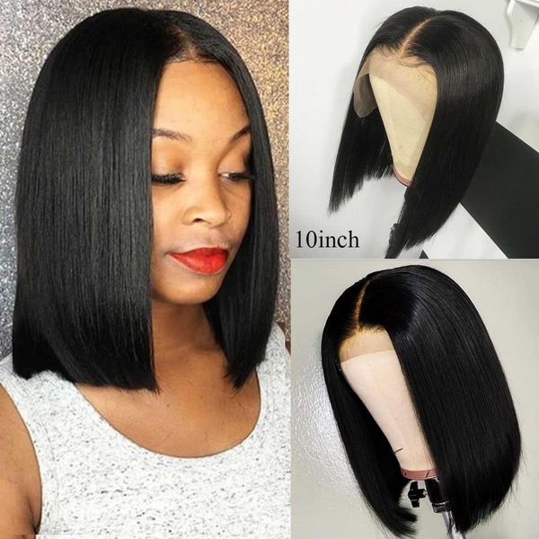 

прямой короткий фронт шнурок человеческих волосы парики pre сорванные с ребенком волосами бразильского волос remy боб парик бесплатной доста, Black