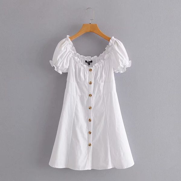 

2020 women sweet agaric lace square collar white casual slim dress ladies puff sleeve buttons chic vestidos party dresses, Black;gray