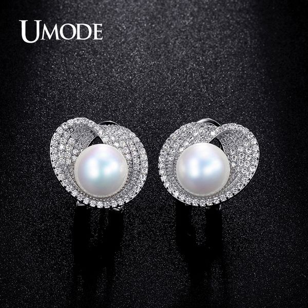 

umode 10mm simulated pearl cz cubic zirconia white gold color french clip stud earrings for women boucles d'oreilles ue0189b t7190617, Golden;silver