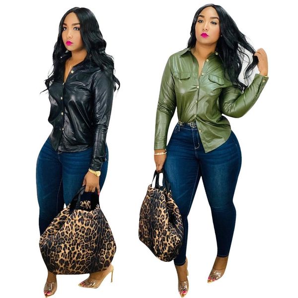 

black pu faux leather t shirt autumn winter vestidos turn down neck full sleeve button slim fashion office lady tees shirt