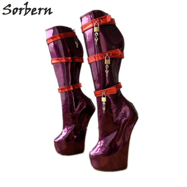 Sorbern Profundo Roxo Personalizado Ampla Bezerro Botas Mulheres Correias Vermelhas Chaves Bloqueáveis ​​Sexy Fetish Botas de Salto Alto Bdsm Das Senhoras Botas