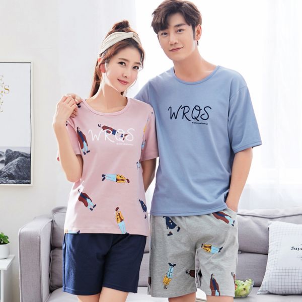 

пара пижама набор мужчин и женщин пижамы с коротким рукавом влюбленные вокруг шеи мягкая сыпучие плюс размер -3xl пижама, Blue;gray