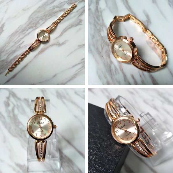 

women casual stainless steel rhinestone round quartz bracelet watch, Slivery;brown