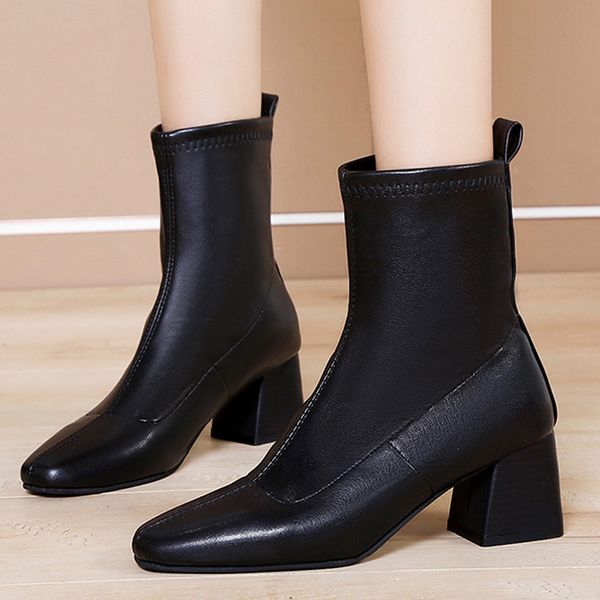 

fashion women suqare heels slip-on pure color middle tube boot round toe shoes fashion ankle boots snow boots winter #e30, Black